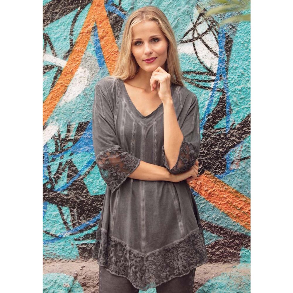 Gretty Zueger Top Dekel Tunic Floral Lace Boho Lagenlook Teal Blue Green Size M